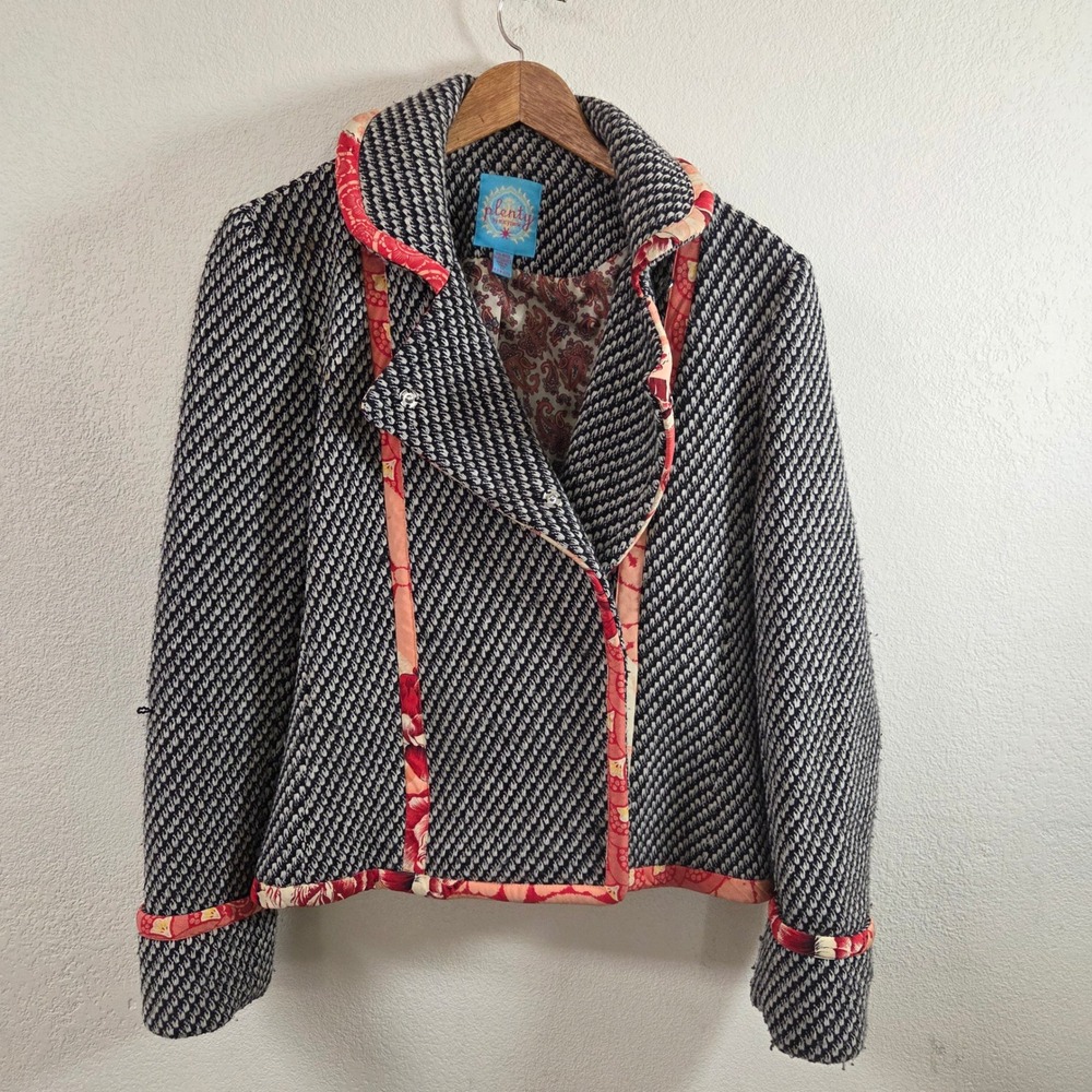 Plenty by Tracy Reese Wool Blend Tweed Moto Jacket Black Red Floral Trim Size 12